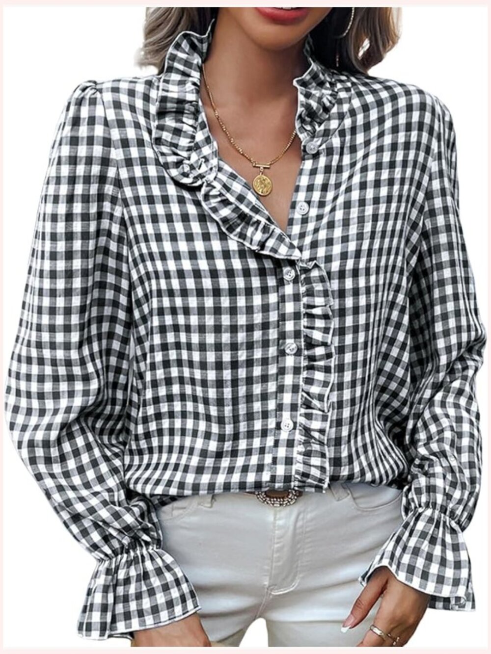 Women's Plaid Peasant Blouse Ruffle Neck Button Down Long Sleeve Puff Sleeve Top